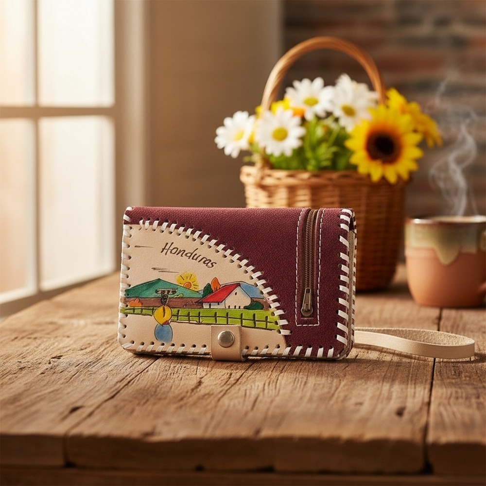 Handmade Stitched‎ Leather Wallet Wristlet W/Mirror Made In Honduras Pre-owned